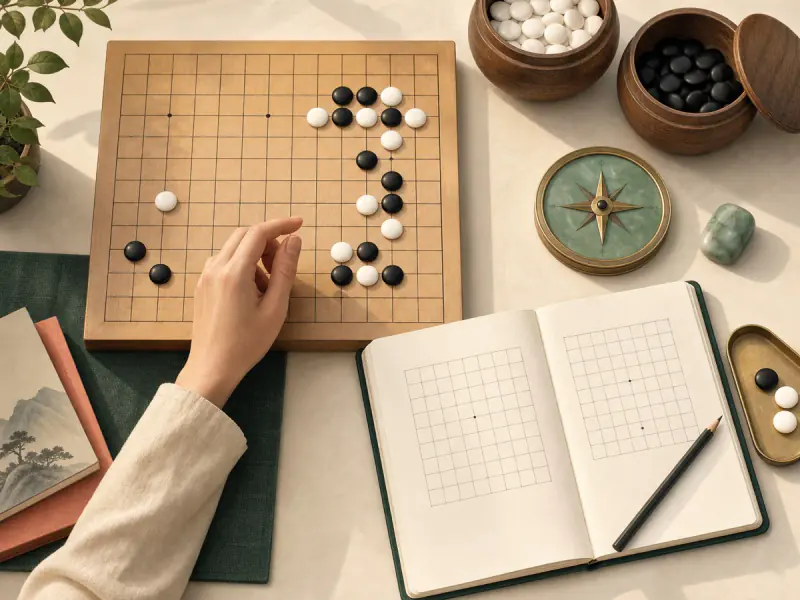 Un joueur analyse seul son goban avec un carnet de diagrammes et une boussole