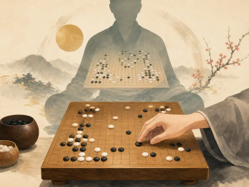 Un joueur place une pierre tandis qu’une silhouette en retrait observe l’ensemble du goban